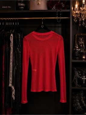 Women's Red Long-Sleeve Mesh Top